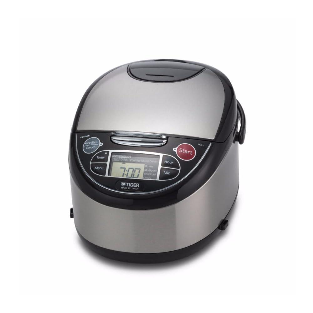 tiger jax-t microcomputer controlled rice cooker/warmer (5.5 cups) bundle with rice washing bowl and bamboo spoon (3 items)