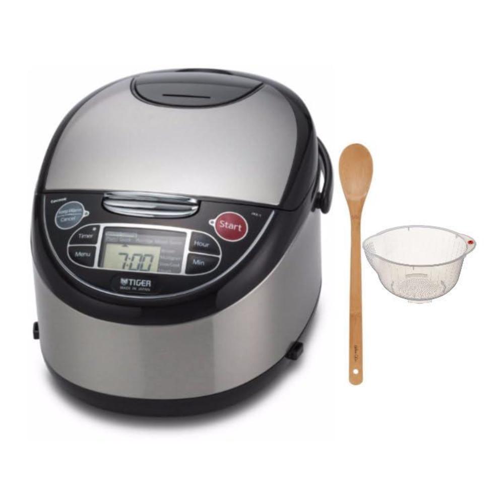 tiger jax-t microcomputer controlled rice cooker/warmer (5.5 cups) bundle with rice washing bowl and bamboo spoon (3 items)