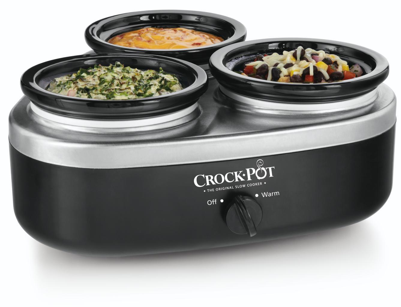 crock-pot 16-ounce little triple dipper slow cooker, silver and black, scrmtd307-dk