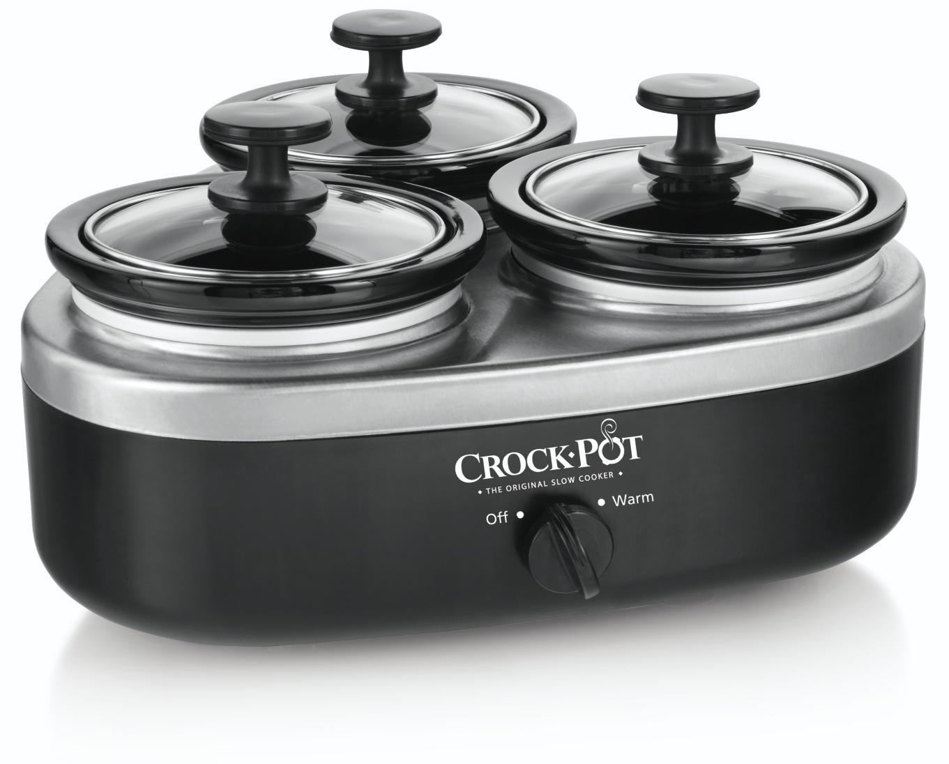 crock-pot 16-ounce little triple dipper slow cooker, silver and black, scrmtd307-dk