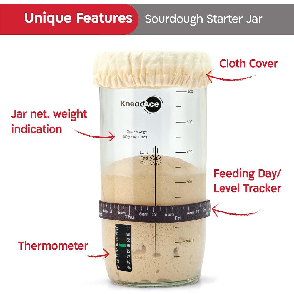 kneadace sourdough starter jar with date marked feeding band, thermometer, sourdough fermentation jar scraper, sewn cloth cov