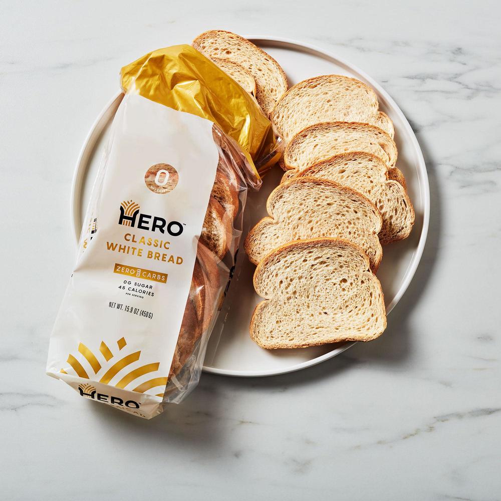 hero classic white bread - delicious with 0g net carb, sugar, 45 calories, 11g fiber per slice | tastes like regular low carb