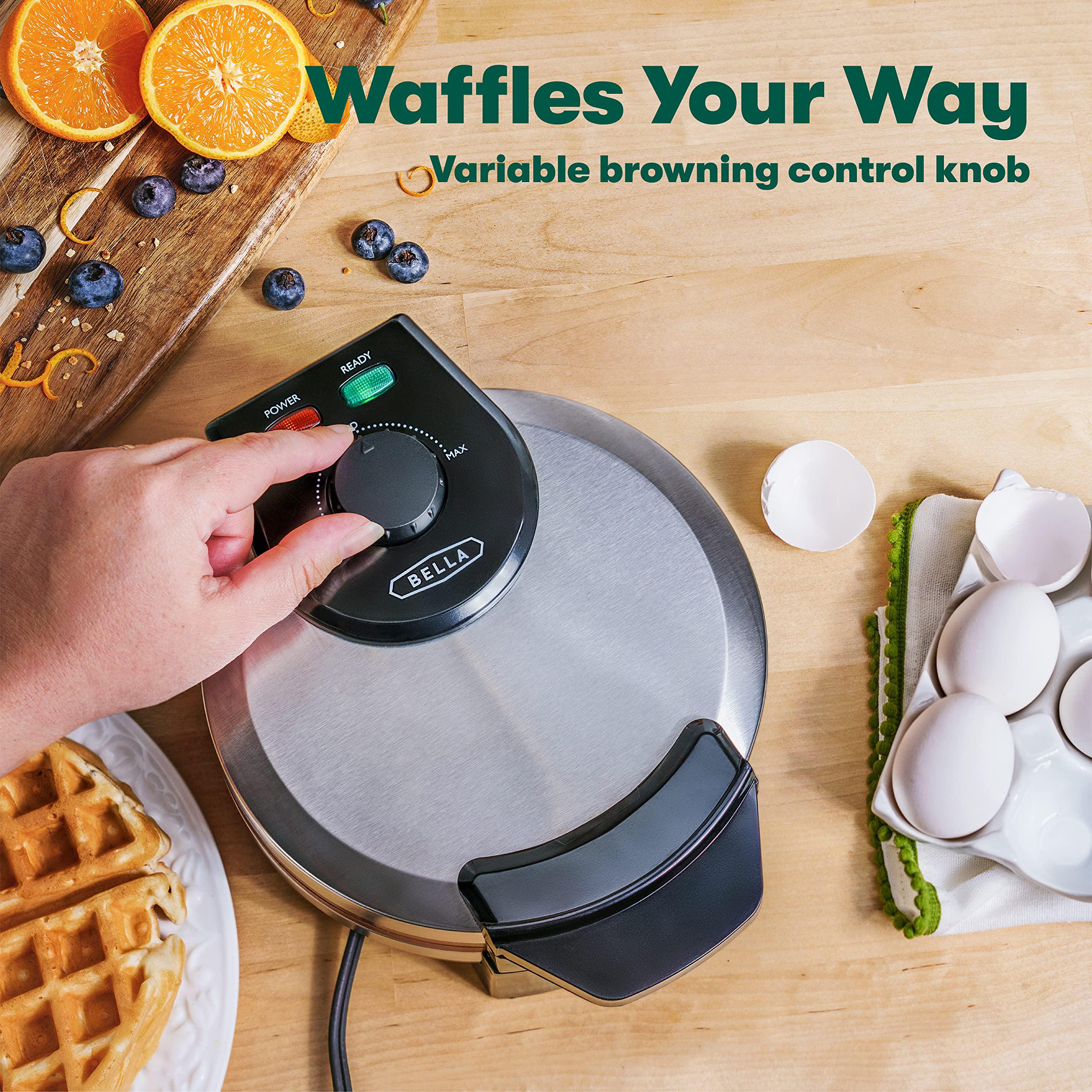 bella classic belgian waffle maker, 7" round, non stick, waffle iron makes 1 thick waffles, variable browning control knob, s