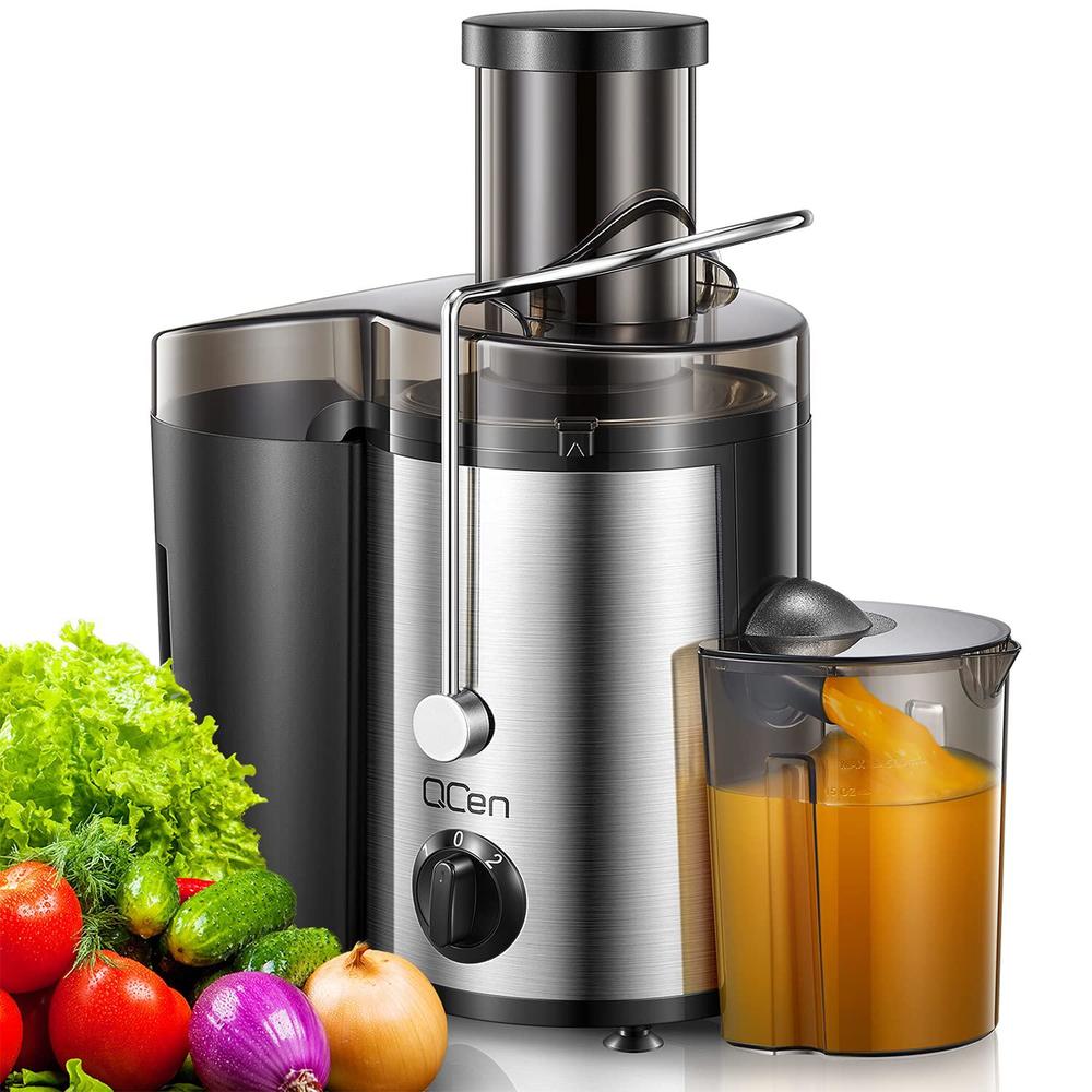 qcen juicer machine, 500w centrifugal juicer extractor with wide mouth 3 feed chute for fruit vegetable, easy to clean, stain