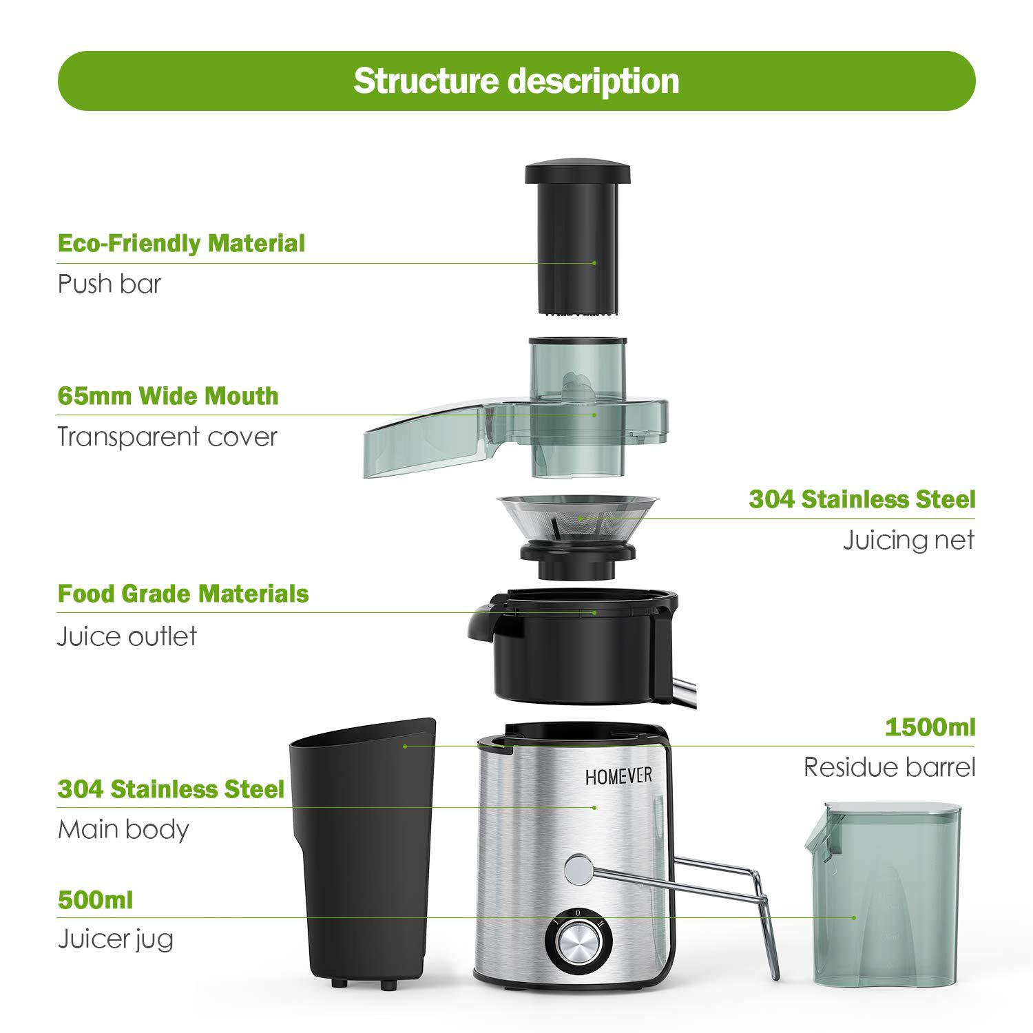 homever juicer for fruits and vegetables, centrifugal juicer with juice cup, wide mouth juice machine, bpa-free stainless ste