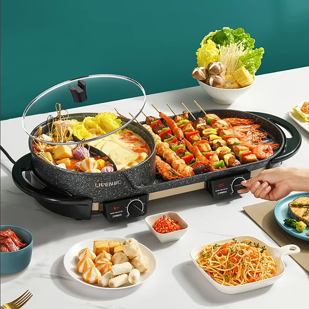 liven electric grill with hot pot,multifunctional indoor teppanyaki grill/korean bbq/shabu shabu hot pot,separate temperature