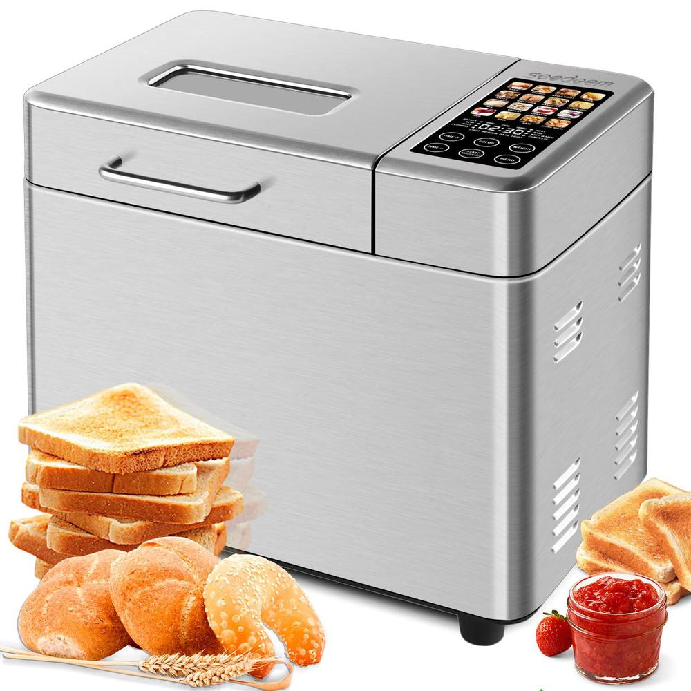 seedeem 16-in-1 bread machine, 2.2lb stainless steel bread maker with fruit and nut dispenser, nonstick ceramic pan, 3 crust 