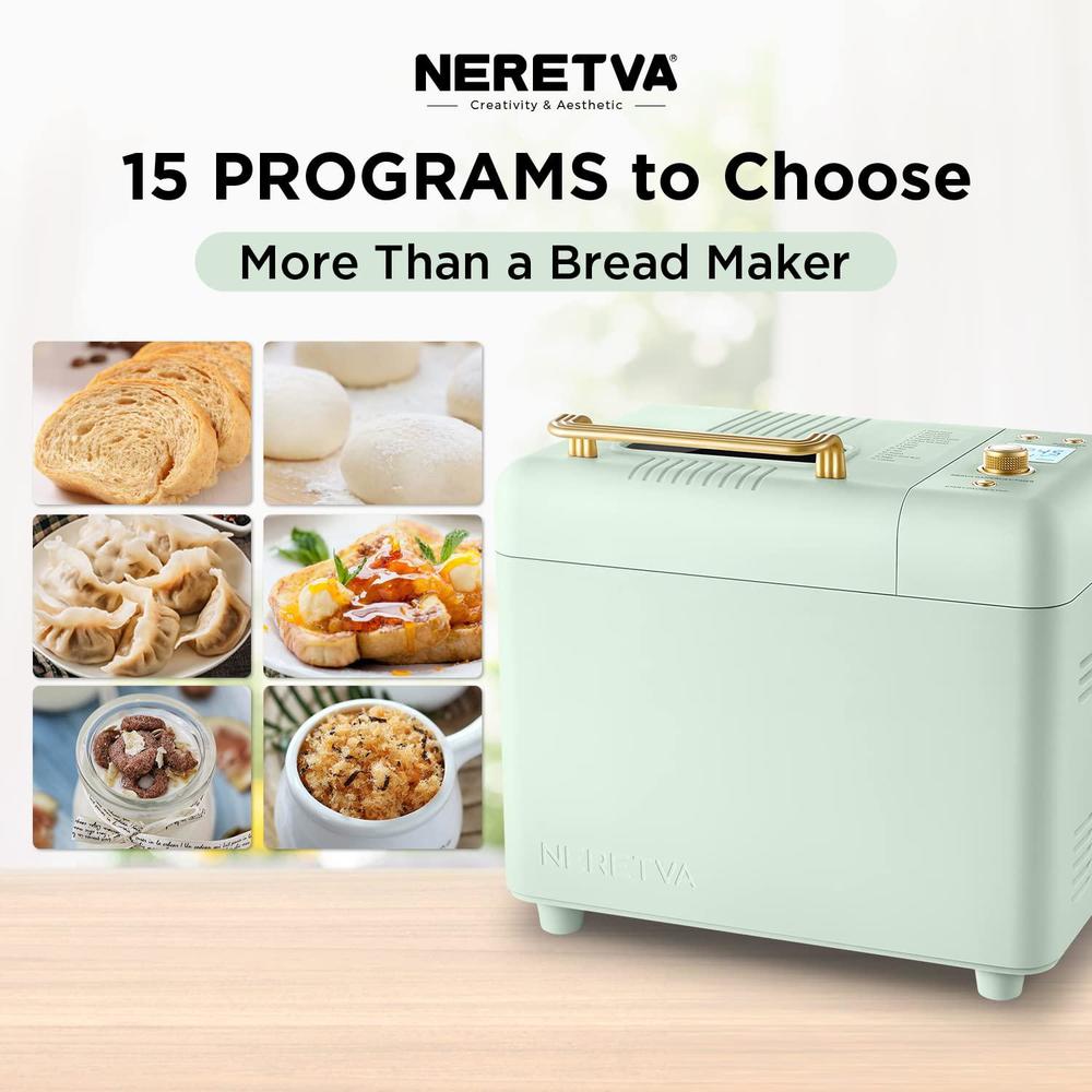 neretva bread maker machine, 15-in-1 2lb automatic breadmaker with gluten free sourdough setting, auto nut dispenser (mint gr
