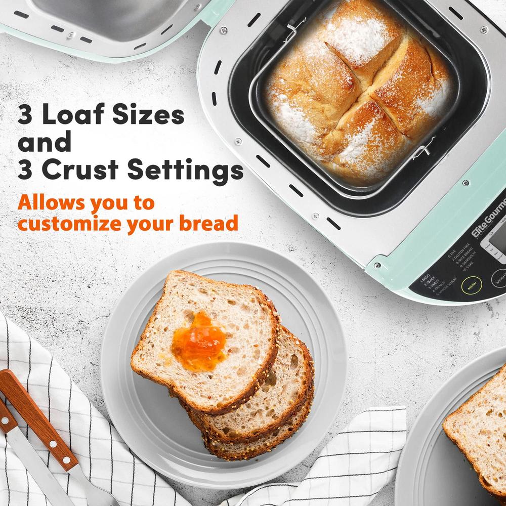 elite gourmet ebm8103m programmable bread maker machine 3 loaf sizes, 19 menu functions gluten free white wheat rye french an