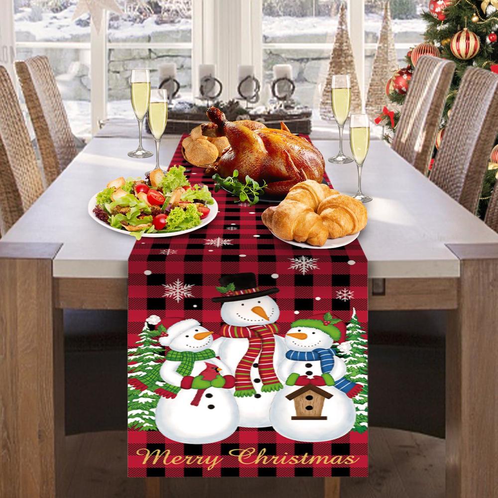fetiwilso christmas snowman family table runner, buffalo checkered plaid christmas tree snowflake table runner, winter holiday kitchen 