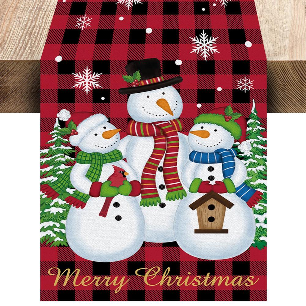 fetiwilso christmas snowman family table runner, buffalo checkered plaid christmas tree snowflake table runner, winter holiday kitchen 
