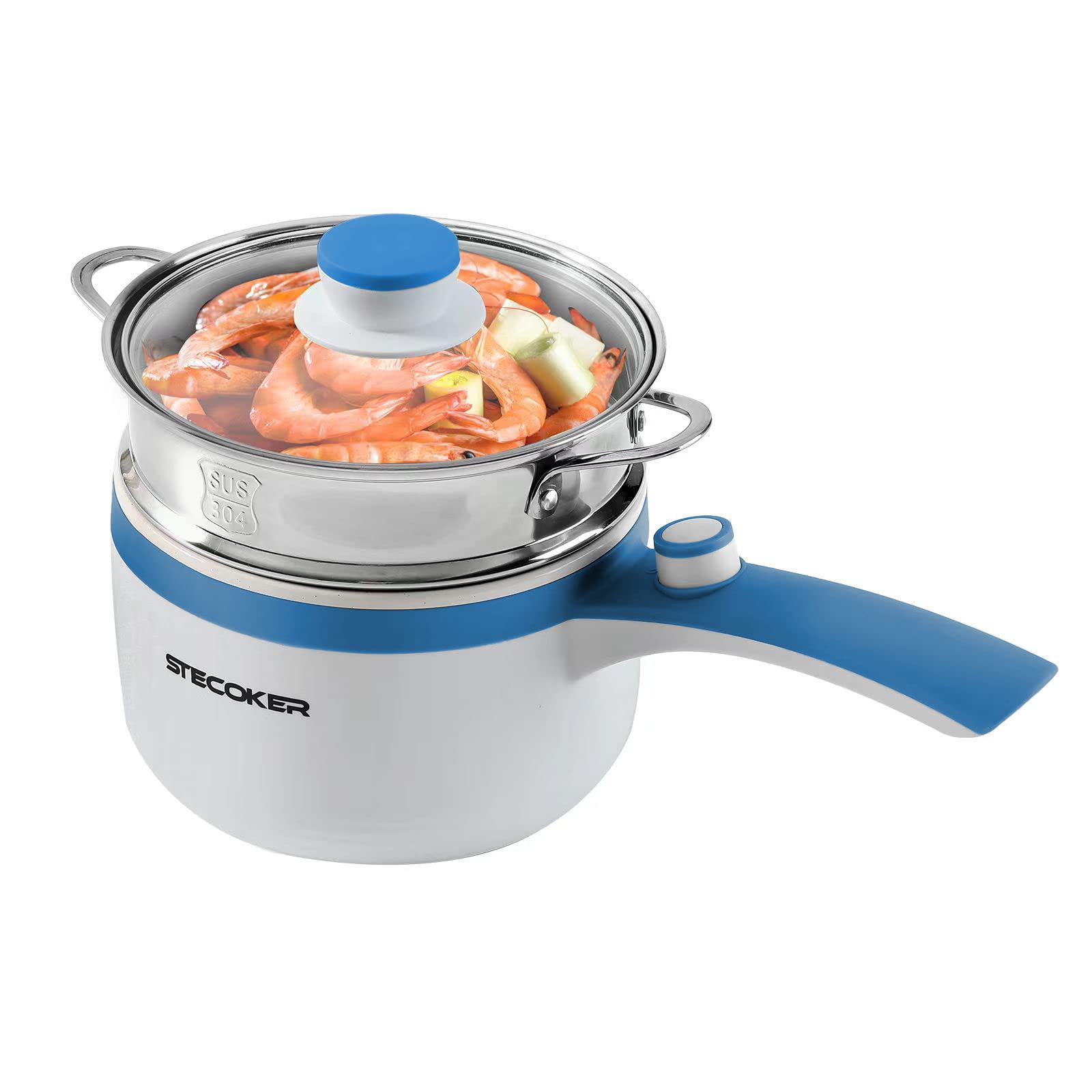 stecoker 1.5l electric hot pot with steamer, rapid noodles cooker, boil egg ramen oatmeal soup, fry rice, white and blue (xh-