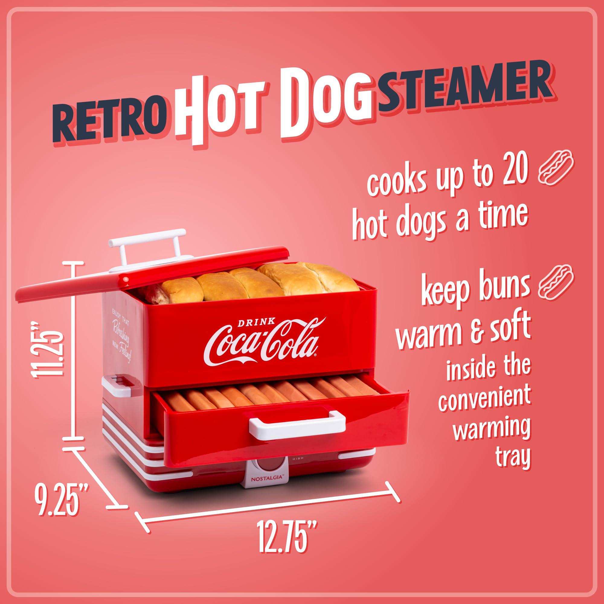 nostalgia extra large diner-style coca-cola hot dog steamer and bun warmer, 24 hot dog and 12 bun capacity, steam bratwursts,