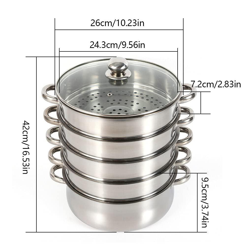 quemarque 5 tier stainless steel steamer, 10in (26cm) d food steamer vegetable steamer pot cookware with glass lid for home kitchen
