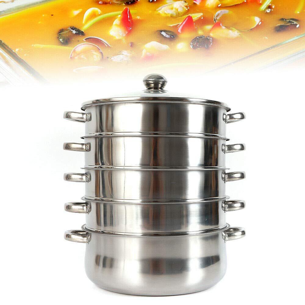quemarque 5 tier stainless steel steamer, 10in (26cm) d food steamer vegetable steamer pot cookware with glass lid for home kitchen