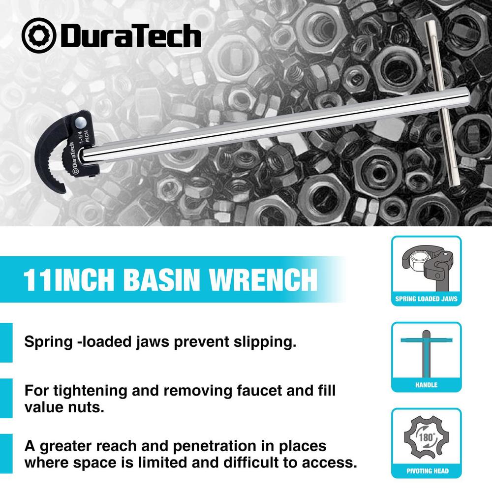 duratech 11-inch basin wrench, sink wrench, adjustable 3/8'' to 1-1/4'' capacity upgrade jaw, for tight space