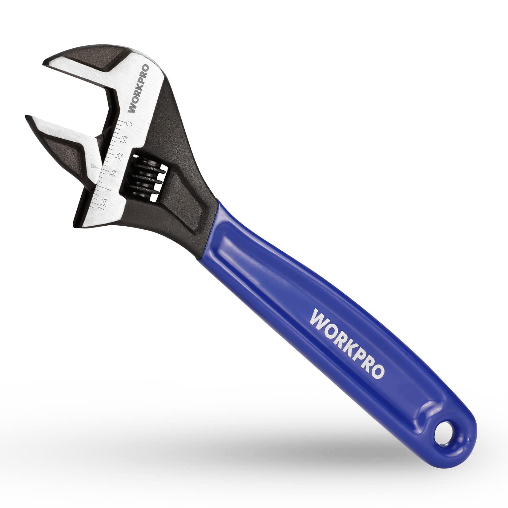 workpro 10-inch adjustable wrench, cr-v steel wrench with cushion grip, wide jaw black oxide wrench, metric & sae scales, for