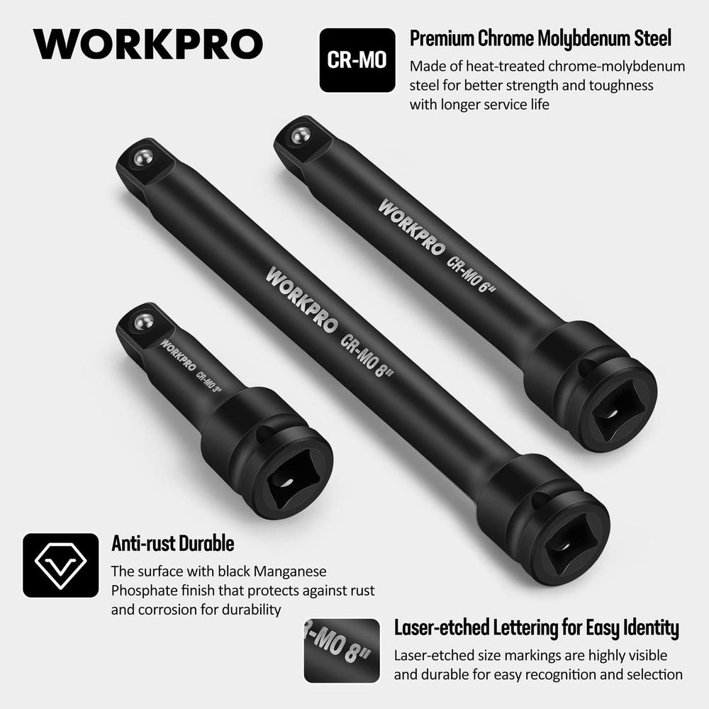 workpro 1/2-inch drive impact extension bar sets, 3 piece-3, 6, 8 inch socket extension, hardened and heat treated cr-mo stee