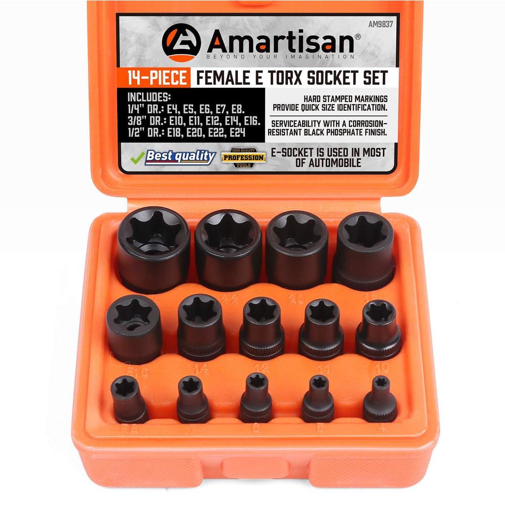 amartisan 14 pc female e-torx star socket set/rail, 1/4" 3/8" 1/2" drive, e24 external torque socket set