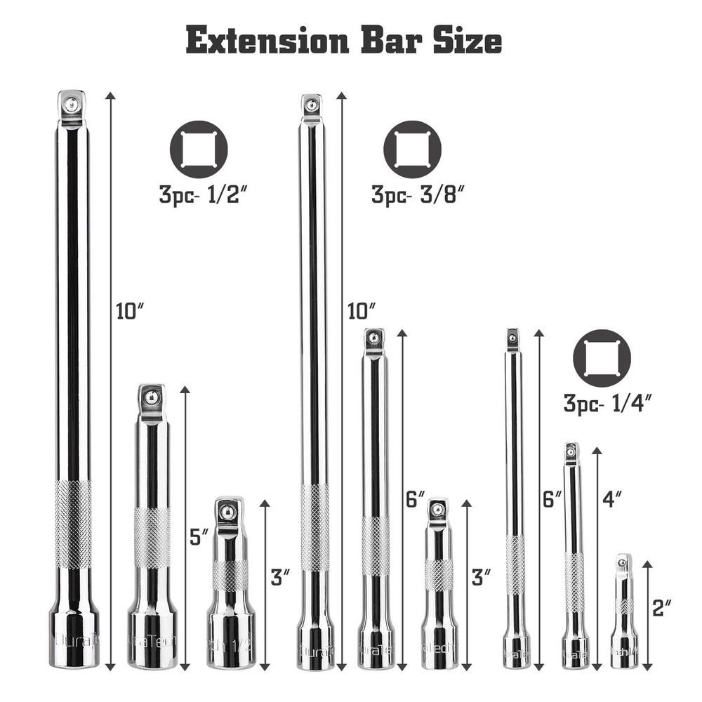 duratech wobble socket extension bar set, 1/4", 3/8", 1/2" drive socket extension set, cr-v steel, chrome plated, storage tra