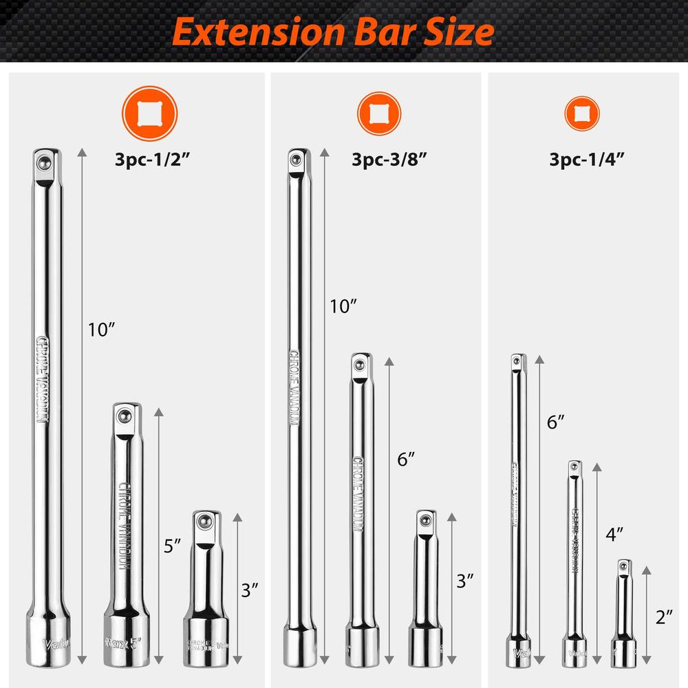 valuemax 9 pcs extension bar set, 1/4", 3/8", 1/2" drive socket extension bar set for ratchet wrench, premium chrome vanadium