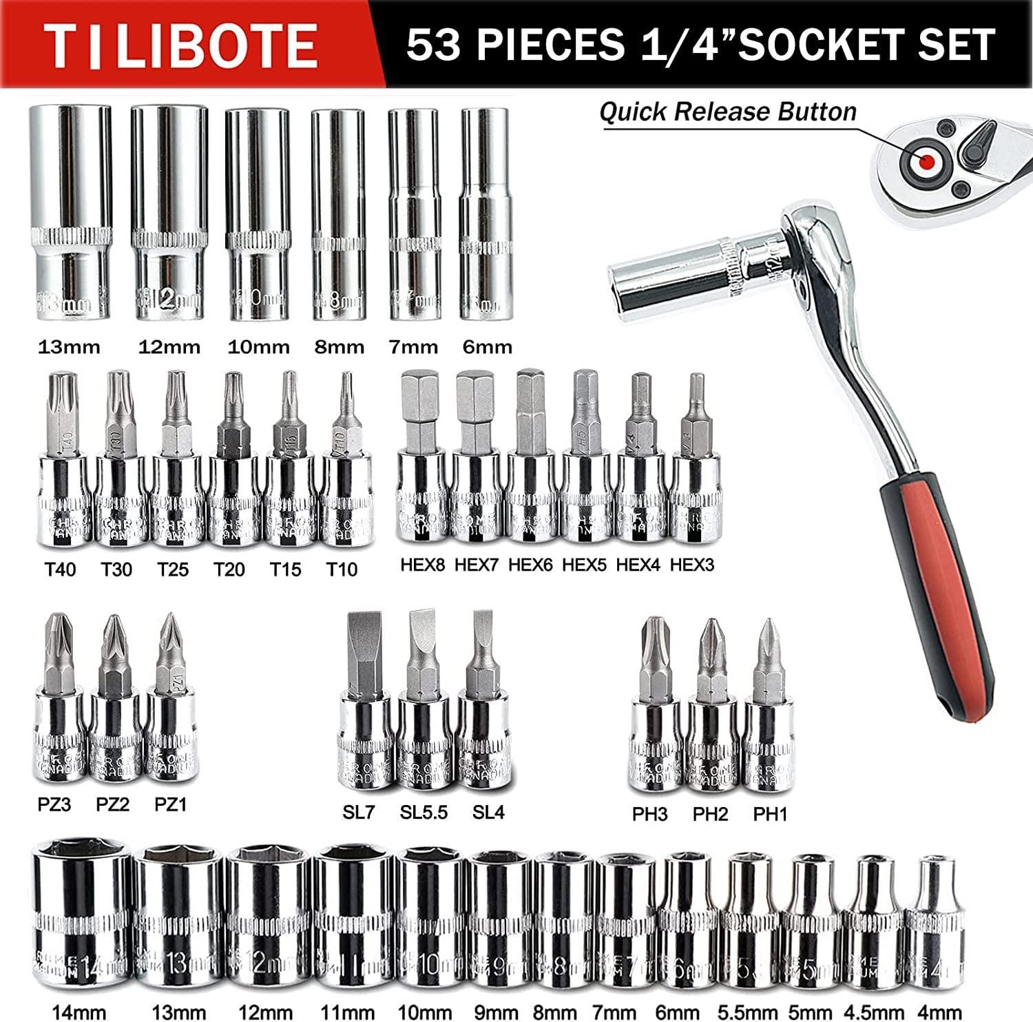 tilibote socket wrench set, 53pcs 1/4 inch ratcheting wrench set and extension bar gimbal slide bar extension sockets, set fo