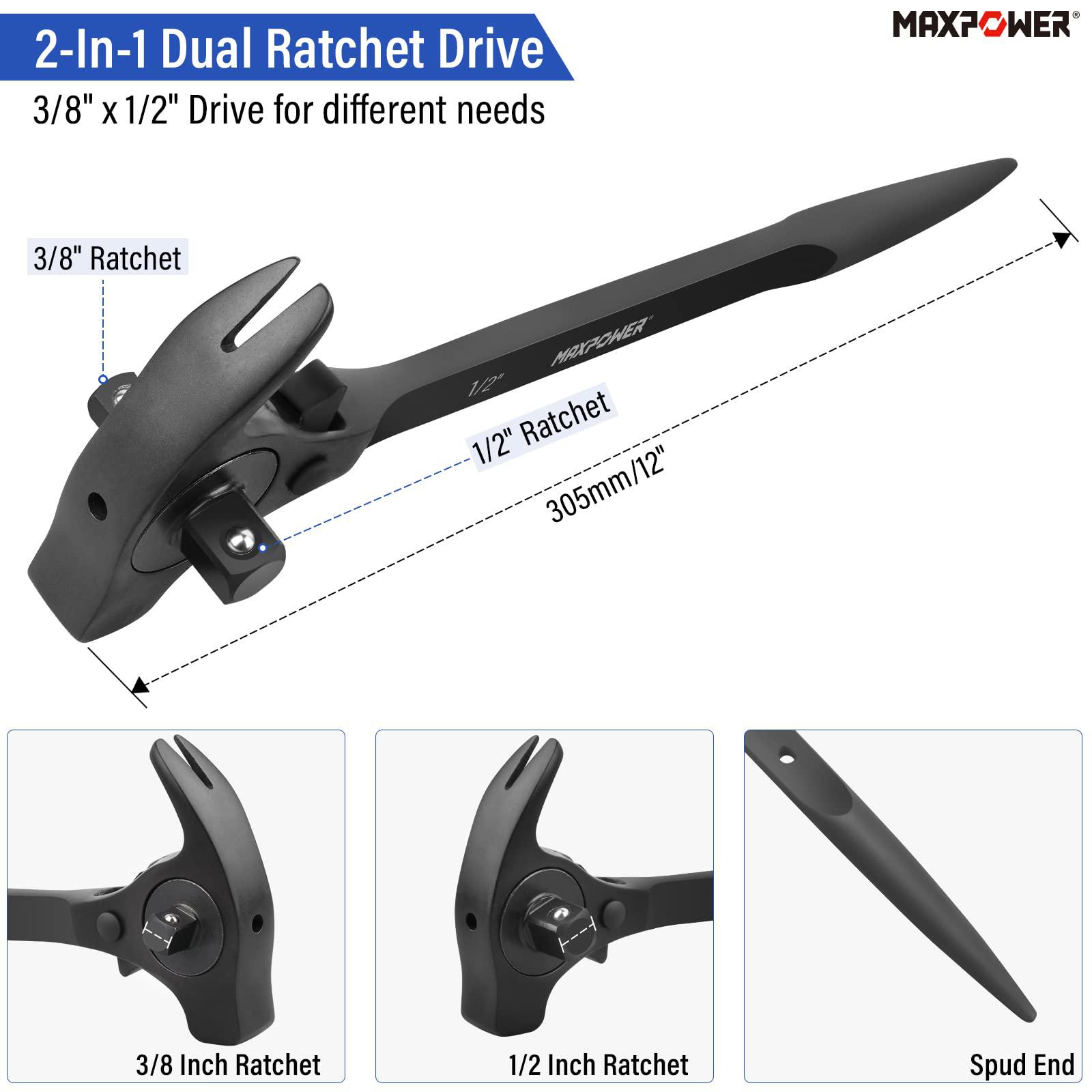 maxpower 1/2" and 3/8" drive scaffold ratchet wrench, podger spanner with claw hammer, crowbar, pry bar and nail puller funct