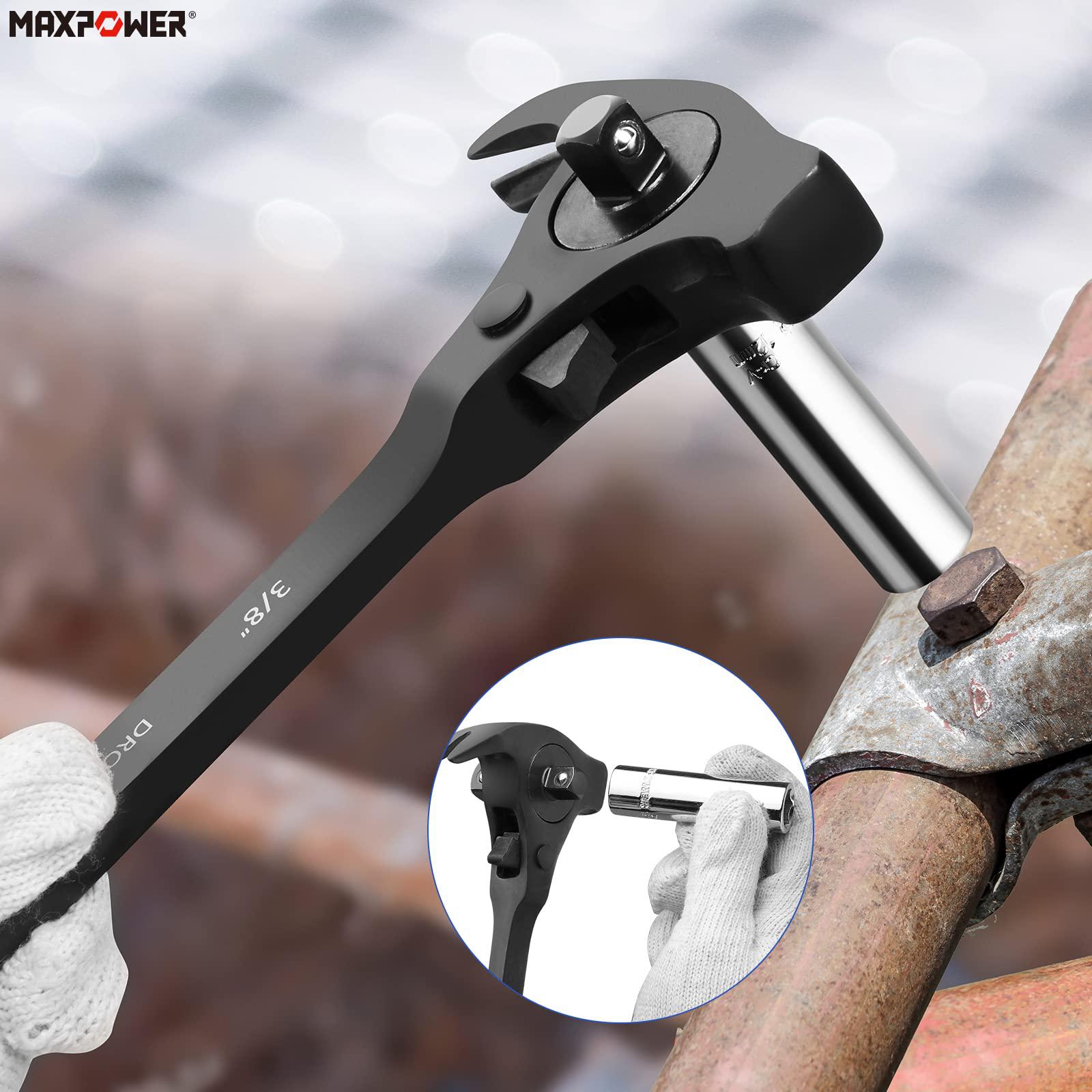 maxpower 1/2" and 3/8" drive scaffold ratchet wrench, podger spanner with claw hammer, crowbar, pry bar and nail puller funct