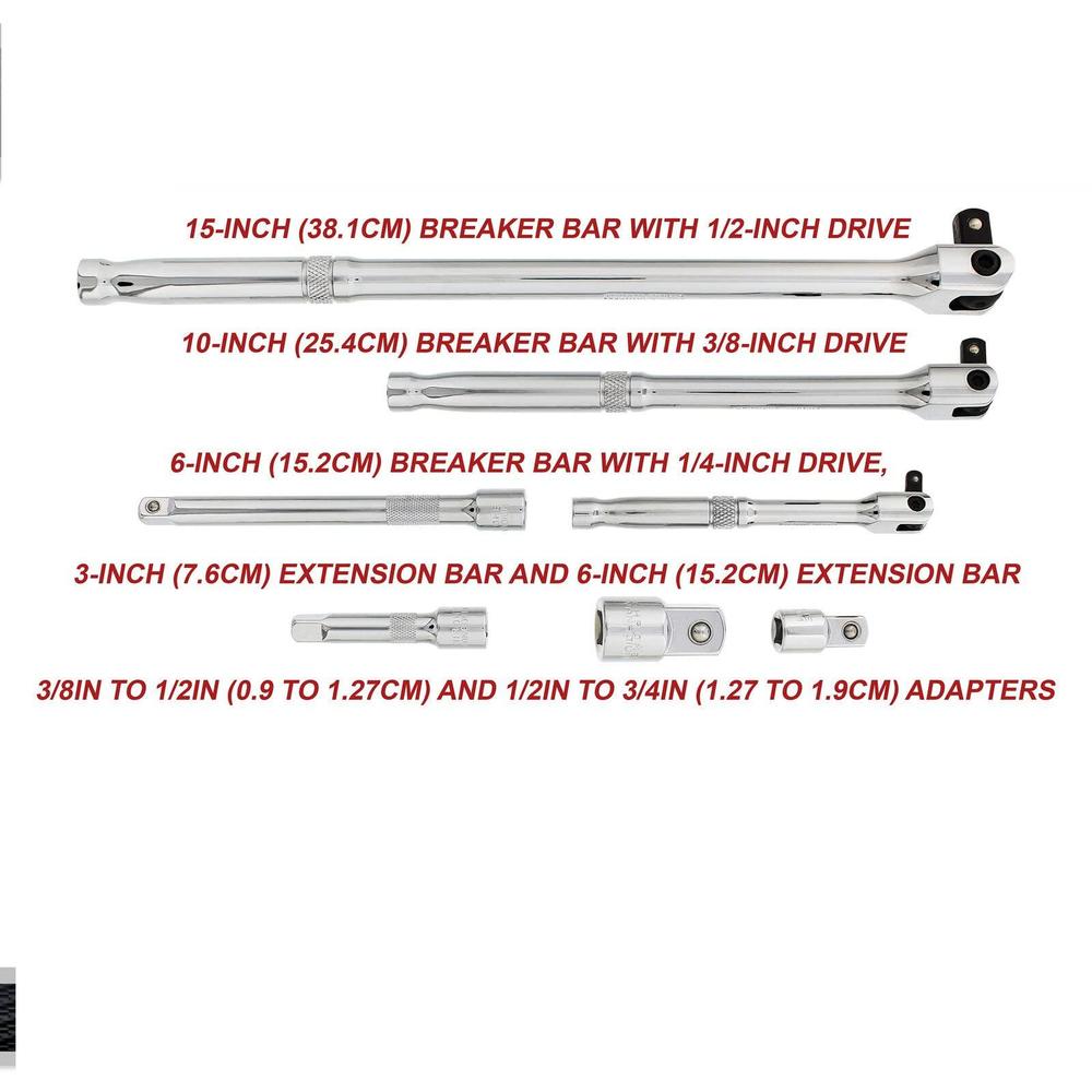 vct 7pc breaker bar set socket extension bar adaptors 1/4, 3/8, and 1/2in drive