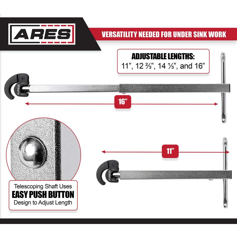 ares 33001-11-inch to 16-inch telescopic basin wrench with adjustable 1 3/8-inch jaw - basin wrenches increase access in tigh