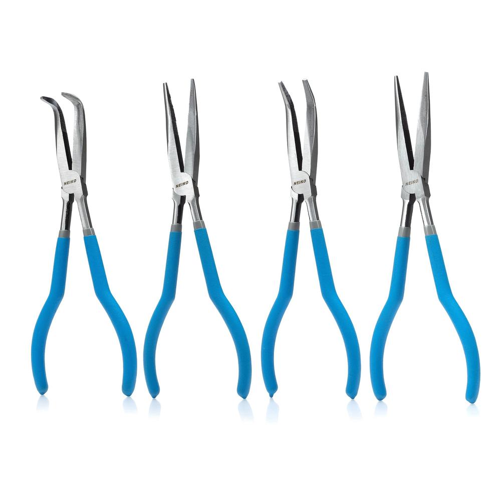 neiko 02105a (4) long nose plier 11 long reach, straight, angle, curved pliers, 45 & 90 degree, bent head needle nose pliers 