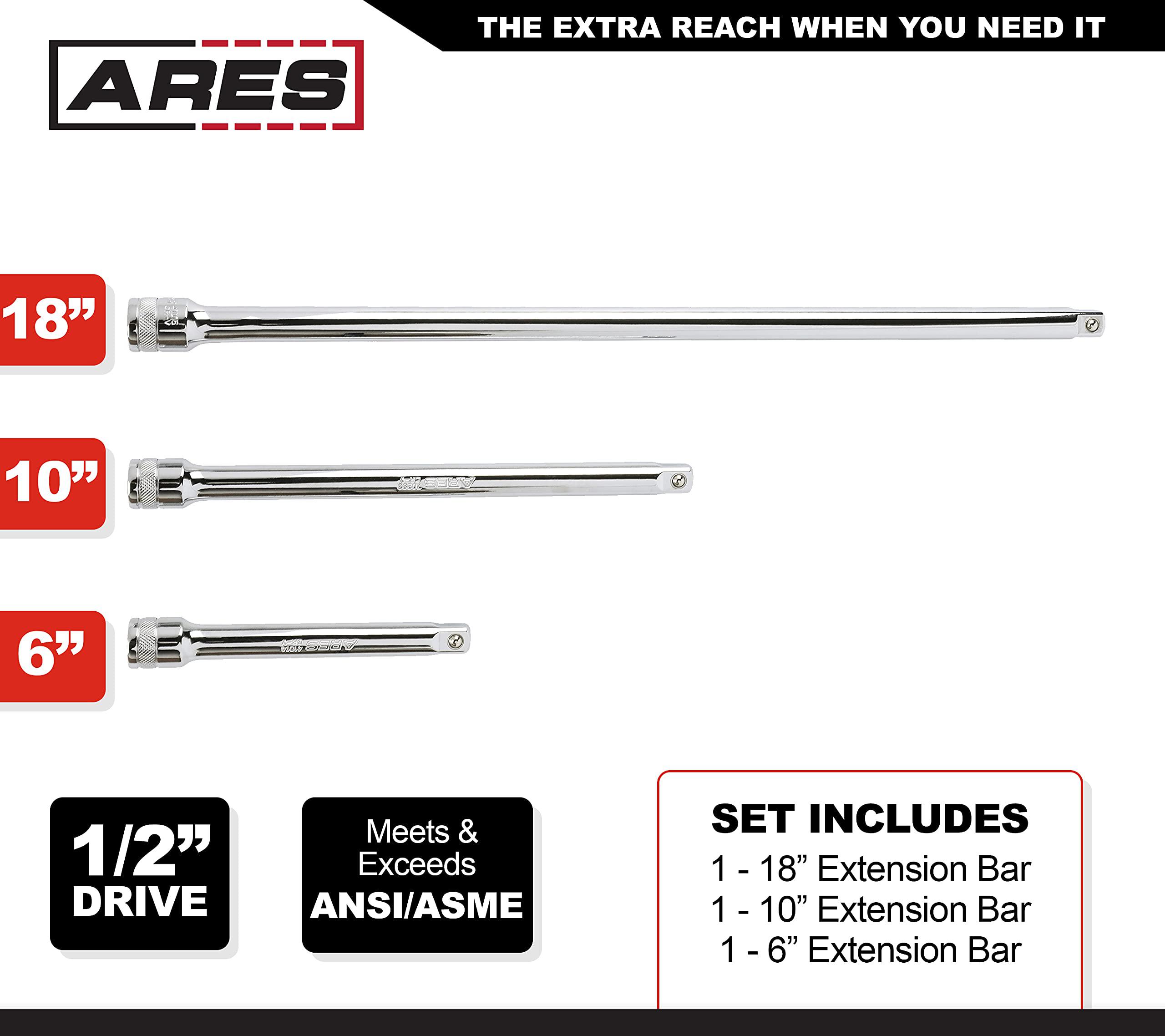 ares 41010-3-piece 1/2-inch drive socket extension set - includes 6-inch, 10-inch, and 18-inch extensions - premium chrome va
