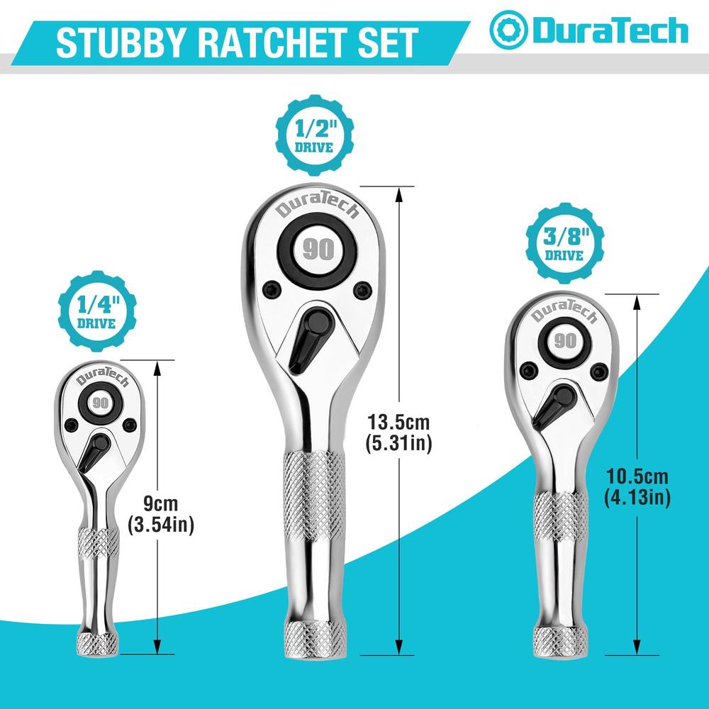duratech 3pcs stubby ratchet wrench set, 90-tooth 1/4" 3/8" 1/2" drive socket wrench, mini small ratchet with cr-mo head, qui