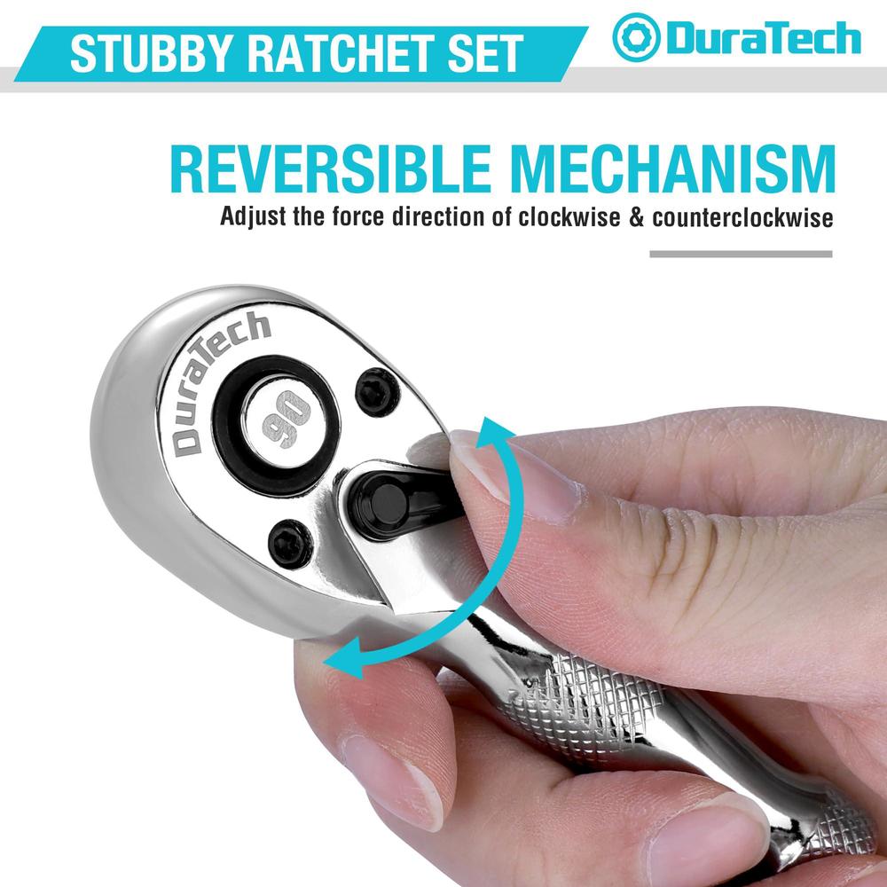 duratech 3pcs stubby ratchet wrench set, 90-tooth 1/4" 3/8" 1/2" drive socket wrench, mini small ratchet with cr-mo head, qui