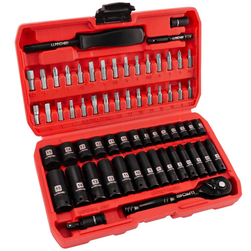 llndei 1/4" drive socket wrench set, 1/4-inch impact socket set metric(4-15mm) deep and shallow 6 point, cr-v, 63pcs with 72t