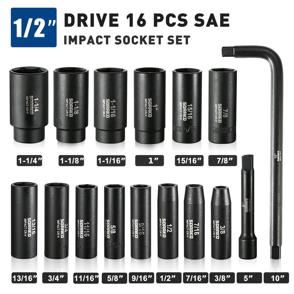 SORAKO impact socket set 1/2 drive, sorako16 pcs sae deep socket set (3/8-inch to 1-1/14") include 5 extension bar & 10 l handle, cr