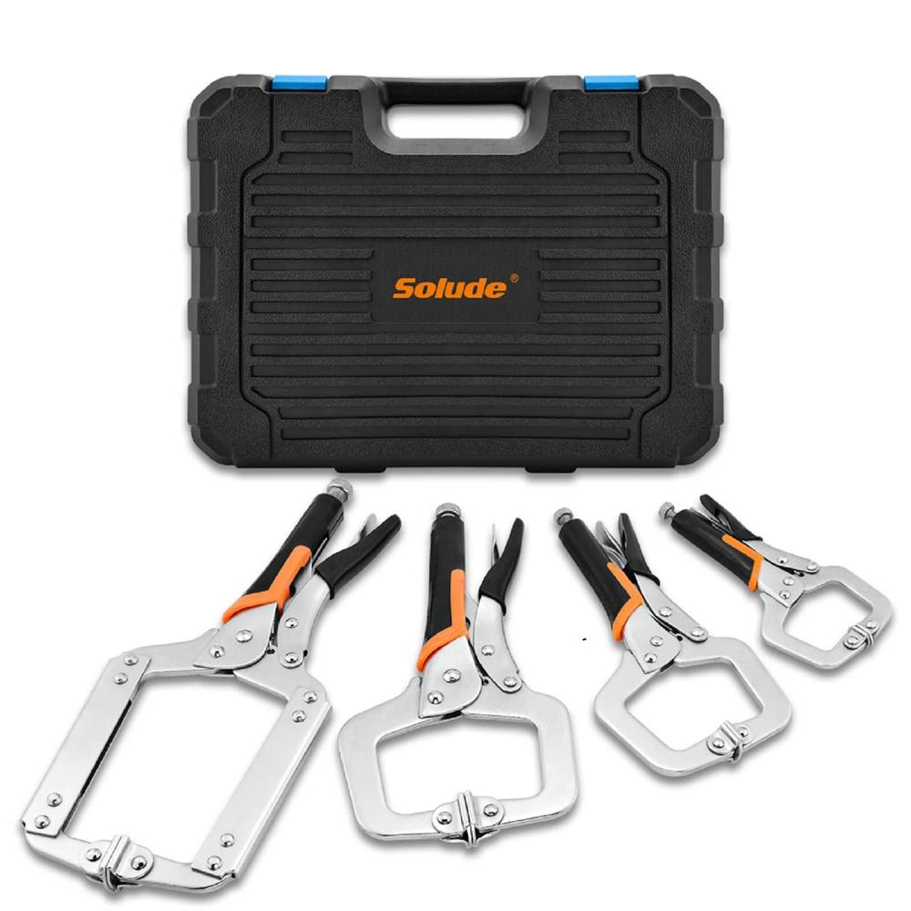SOLUDE c-clamp locking pliers set,6-inch,9-inch,11-inch,14-inch,4 piece c pliers with plastic storage box