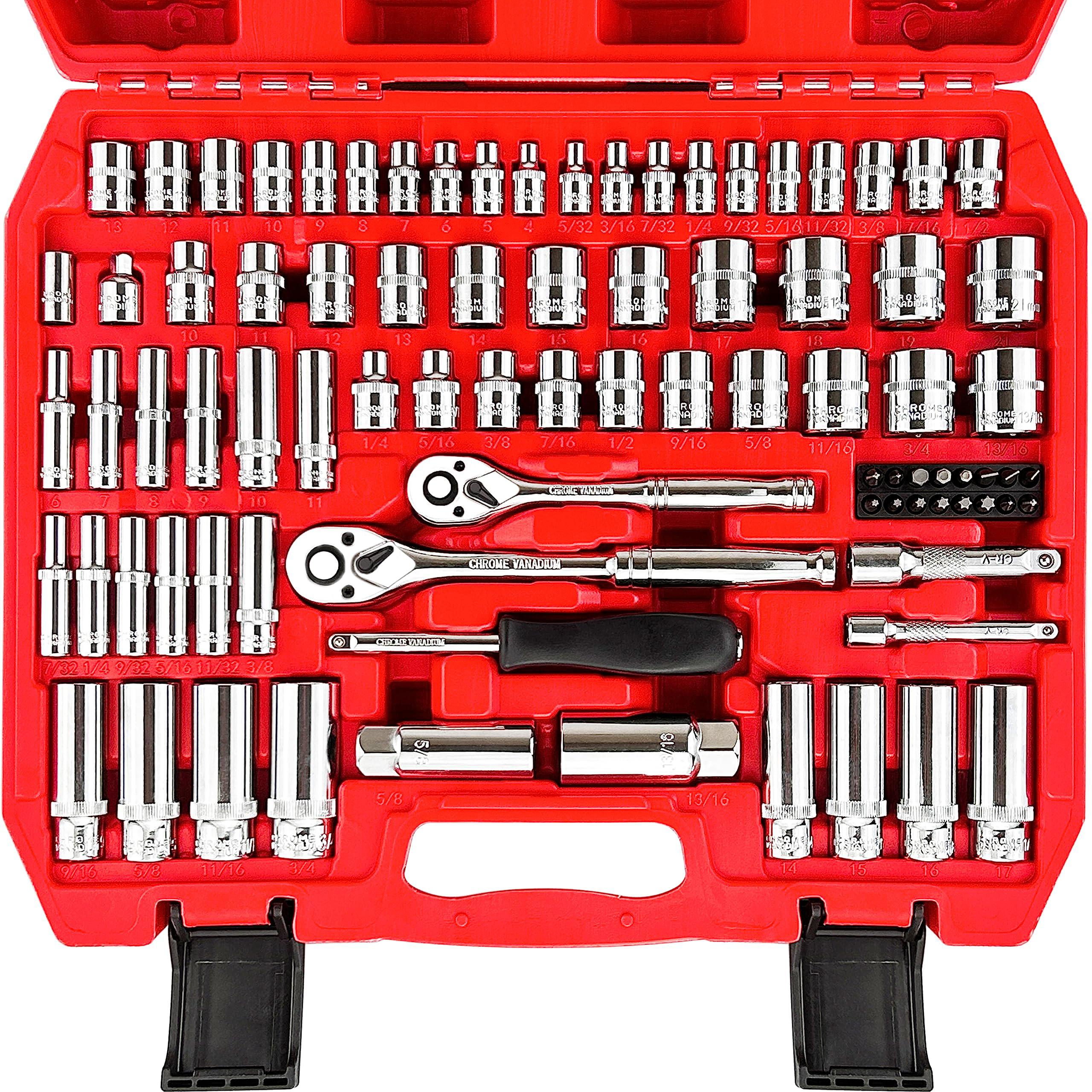 wett 1/4" and 3/8" drive socket set, 86-piece socket wrench set with quick-release ratchet, extention bar, adapter, 1/4" bits