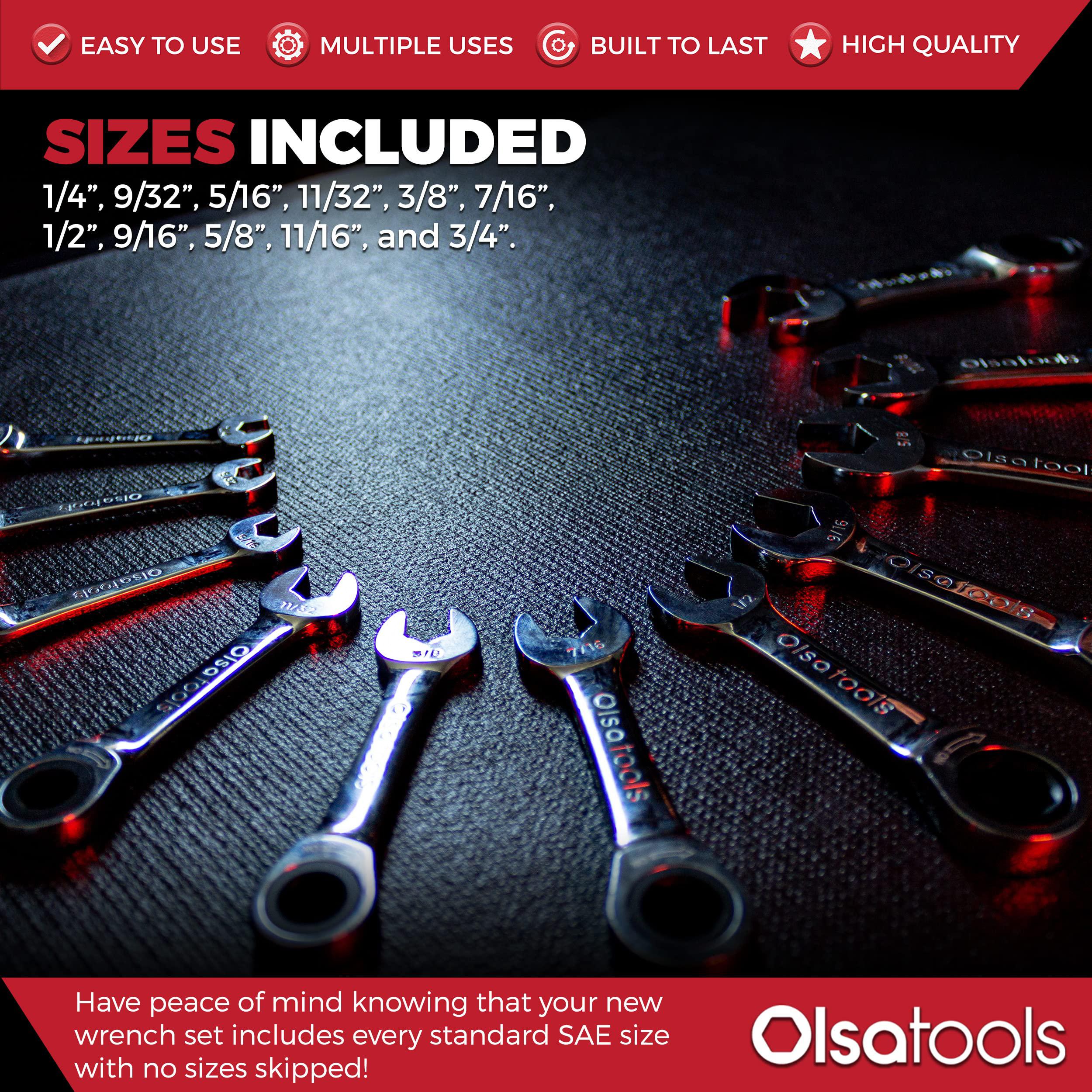 olsa tools stubby ratchet wrench set (sae 11pc) | 6-point box end ratchet wrenches set | 120 tooth ratcheting wrench sets | w