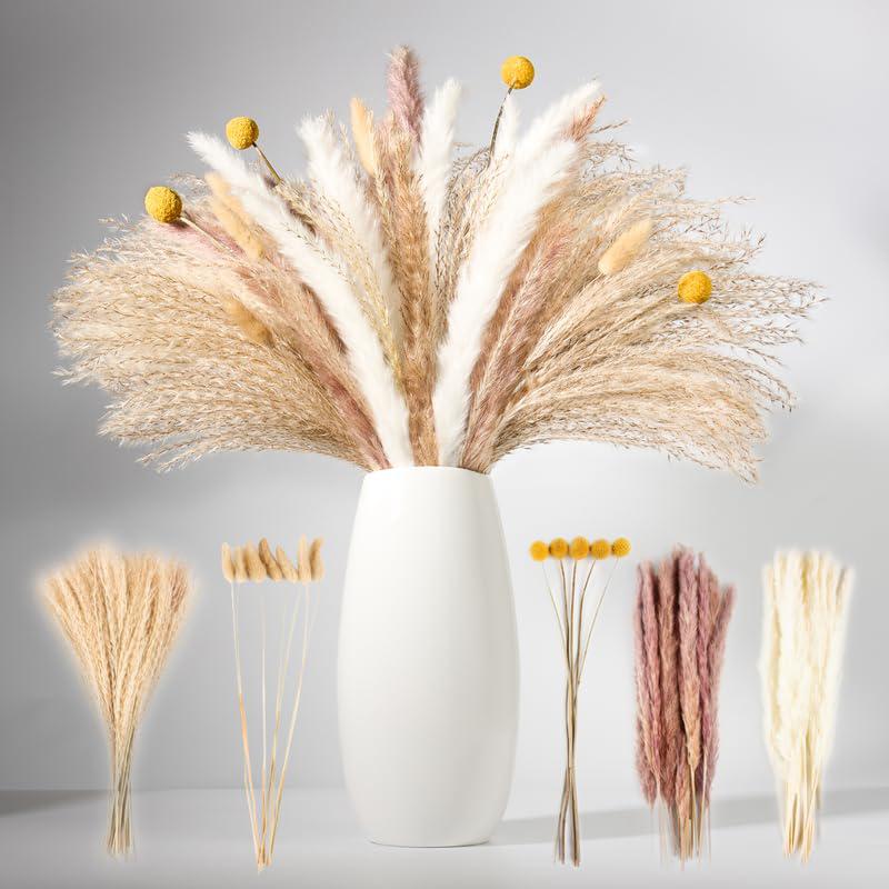 luxclub dried pampas grass decor, 100 pcs 17 inch pampas grass, fluffy bunny tails dried flowers, reed grass bouquet, natural