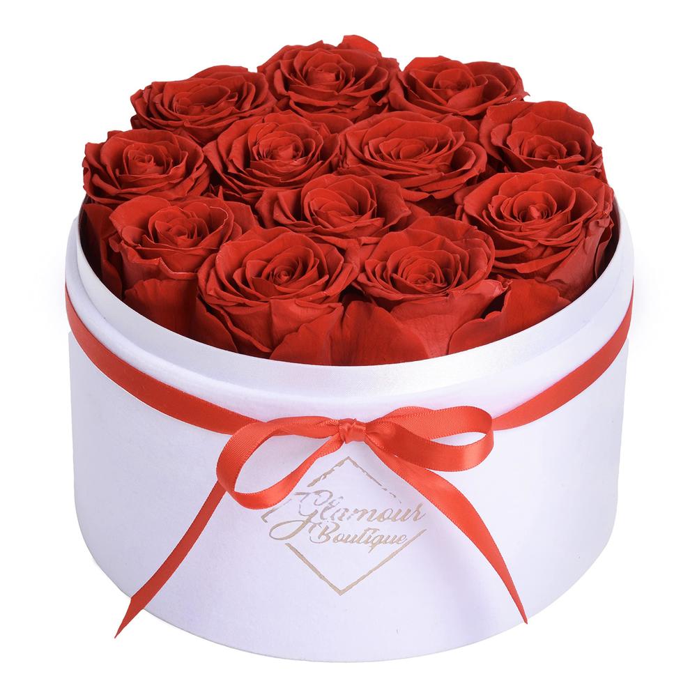 glamour boutique forever flower gift box: 12 real preserved roses in round velvet white box, handmade, rose petals, birthday,
