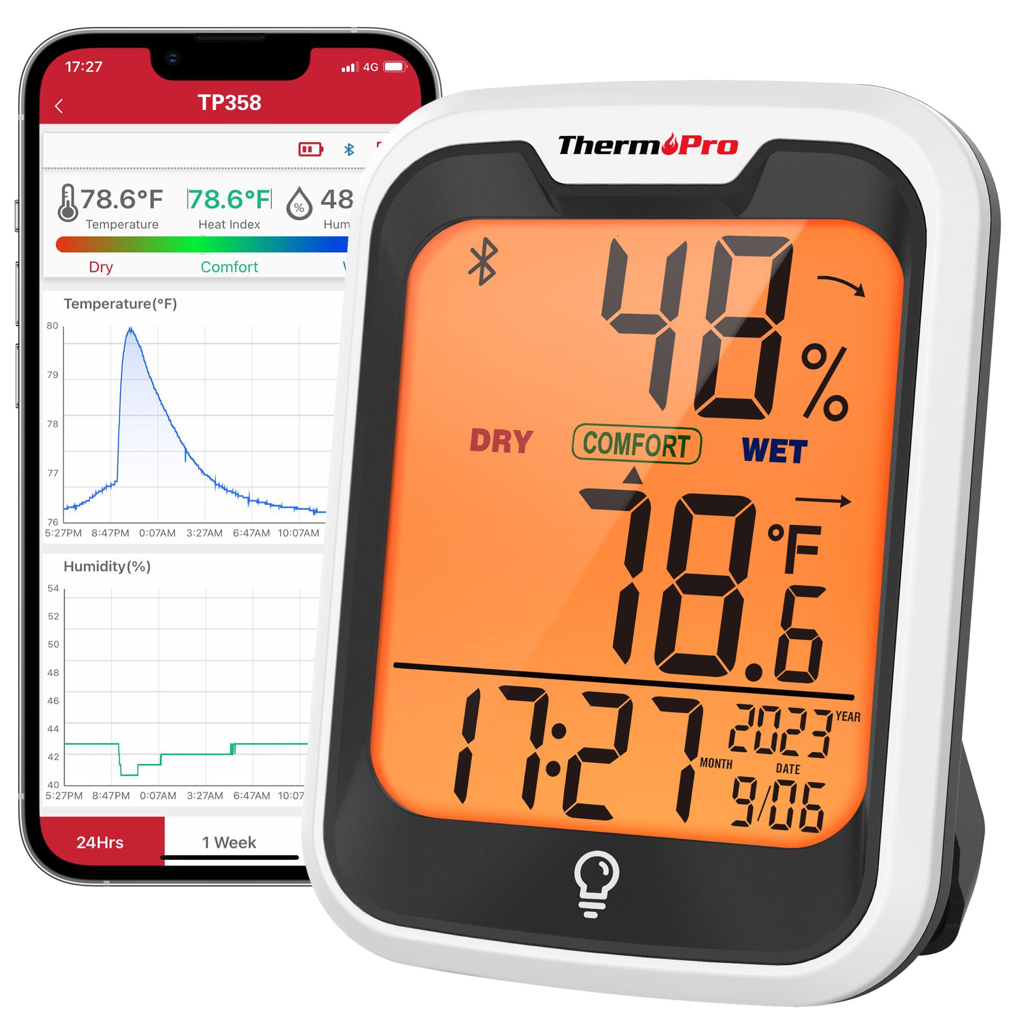 ThermoPro RNAB09B8WNDVV thermopro tp358 bluetooth thermometer for room  temperature with built-in clock, smart temperature sensor and humidity  meter w