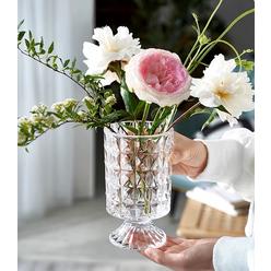 bloflo stu bloflo embossed glass vase, 7'' crystal glass vases for flowers, pedestal big base glass bouquet vase, hydroponic glass trans