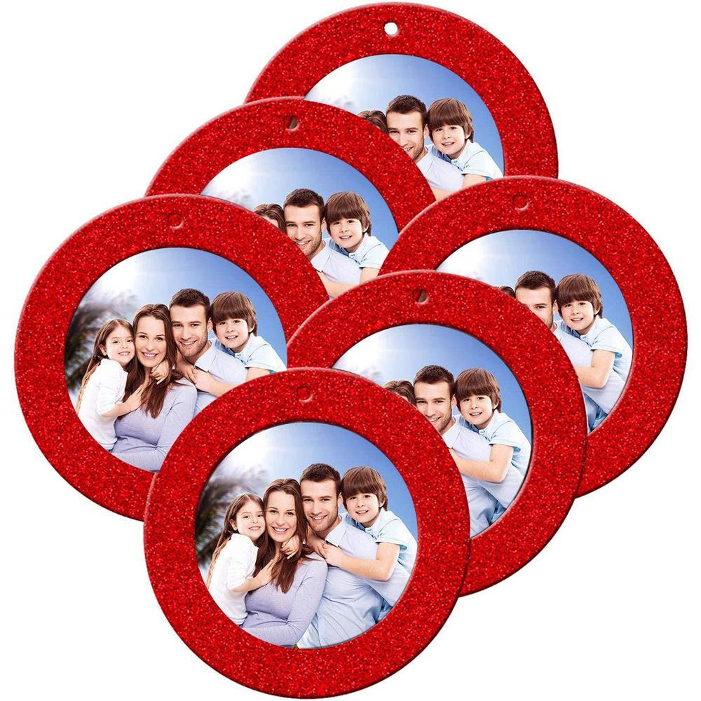 MIXTEACH 12 pieces red magnetic glitter christmas photo frame ornaments mini round holiday picture frame with hemp rope for holiday ch