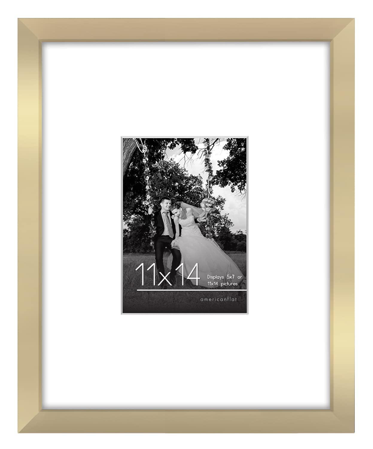 Americanflat americanflat 11x14 picture frame in gold - use as 5x7 frame  with mat or 11x14 frame without mat - engineered wood with shatte