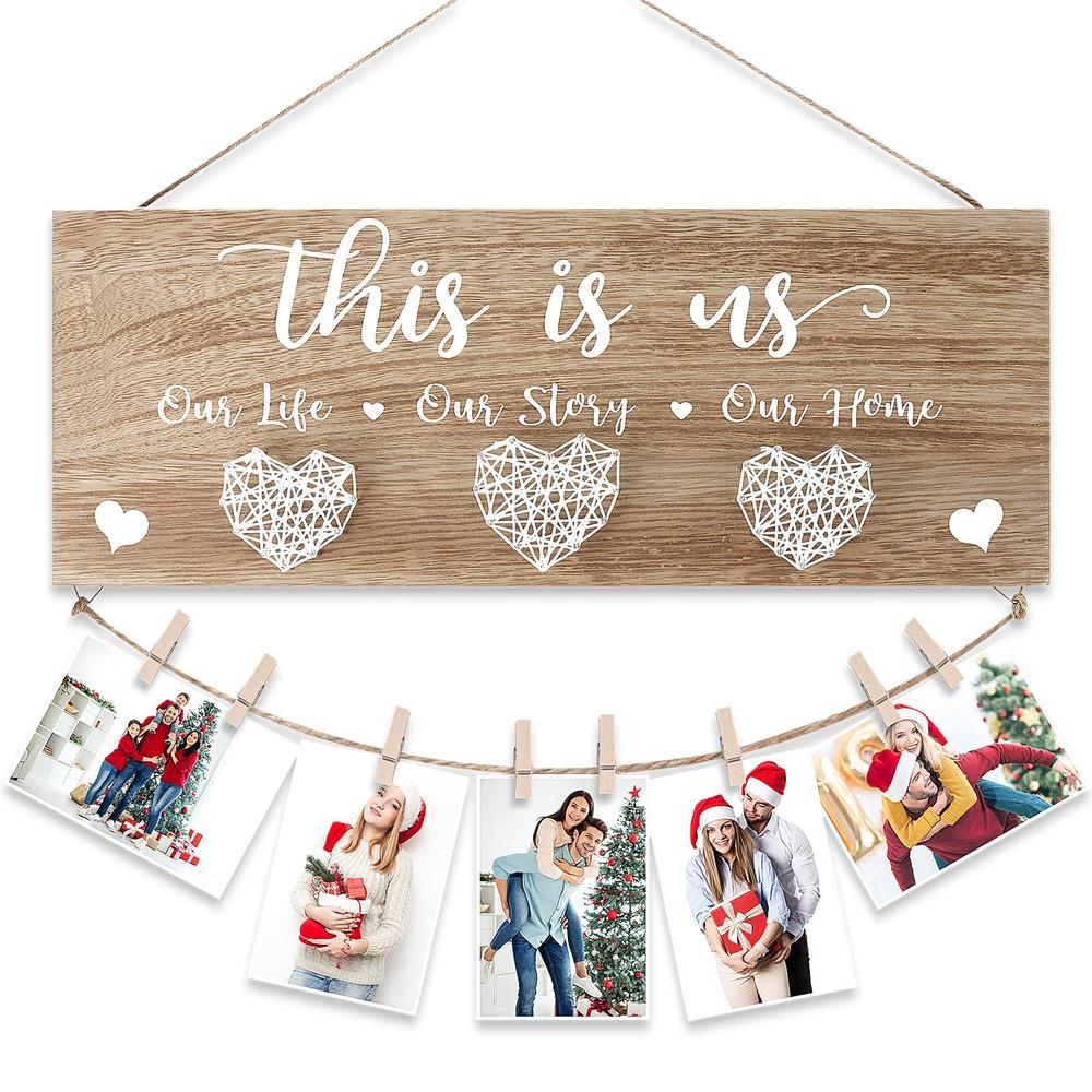 akerock couples christmas gifts, this is us wall decor, rustic wooden hanging christmas picture frame - gift for family, hous