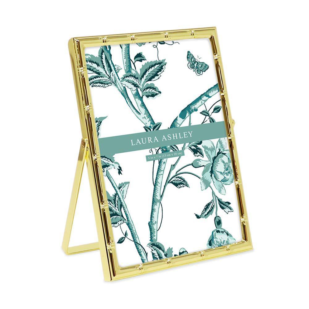 laura ashley 5x7 gold bamboo metal picture frame (vertical) with pull-out easel stand, made for tabletop, counterspace, shelf