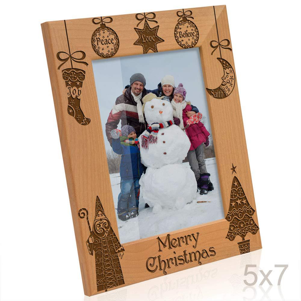 kate posh vintage merry christmas picture frame - peace, joy, love, believe, faith engraved natural wood photo frame - christ