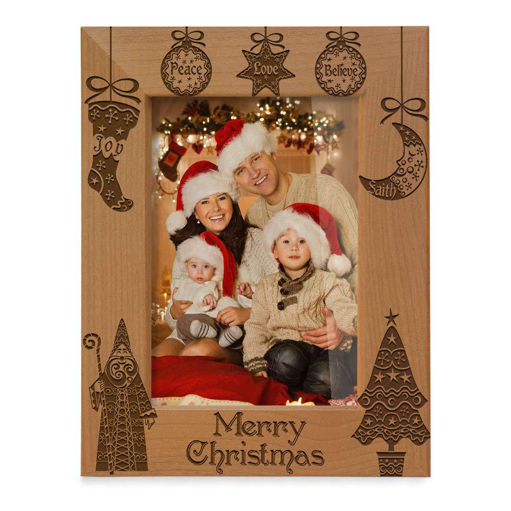 kate posh vintage merry christmas picture frame - peace, joy, love, believe, faith engraved natural wood photo frame - christ
