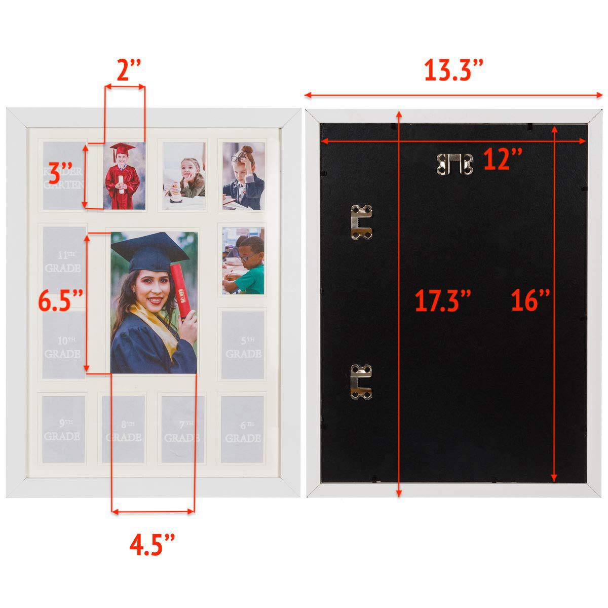 wood side orbis school years picture days collage frame with double white mat, displays one 5x7 photo and twelve 2.5x3.5 pict